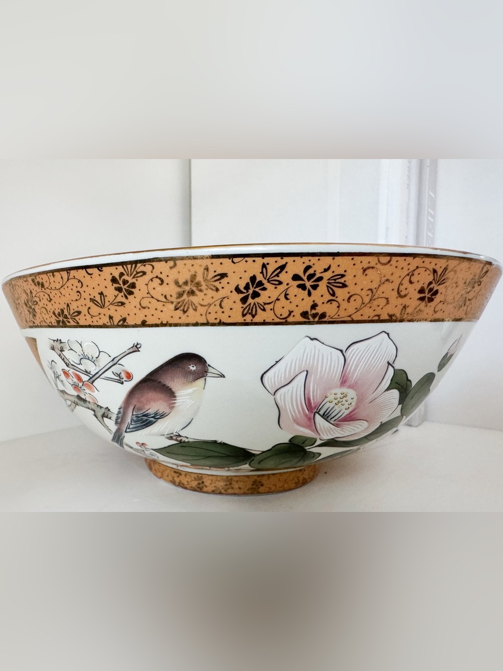 Hand-Painted Japanese Floral & Bird Decorative Ceramic Bowl